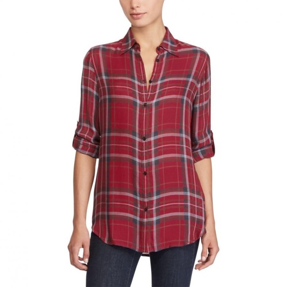 Lauren Ralph Lauren Tops - Lauren Ralph Lauren Red Olive Plaid Button Front Long Sleeve Shirt Size XS